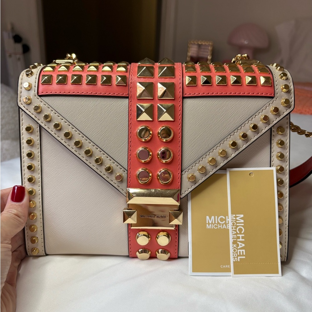 Michael Kors Gold and Coral Studded Crossbody Bag